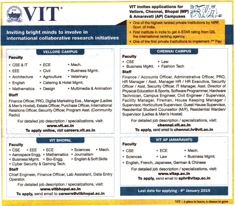 Vellore Institute of Technology (VIT) University, Recruitment 2019