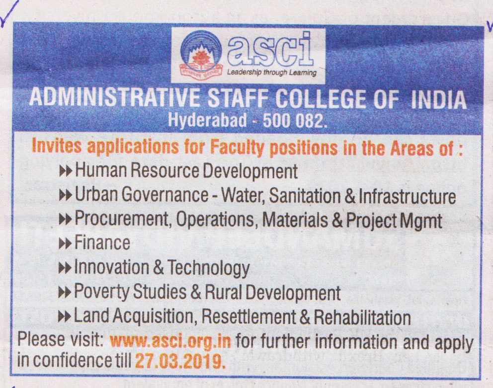 ASCI,Hyderabad,Recruitment 2019,Faculty in Development » Staffavailable Asia's No.1 FREE Job