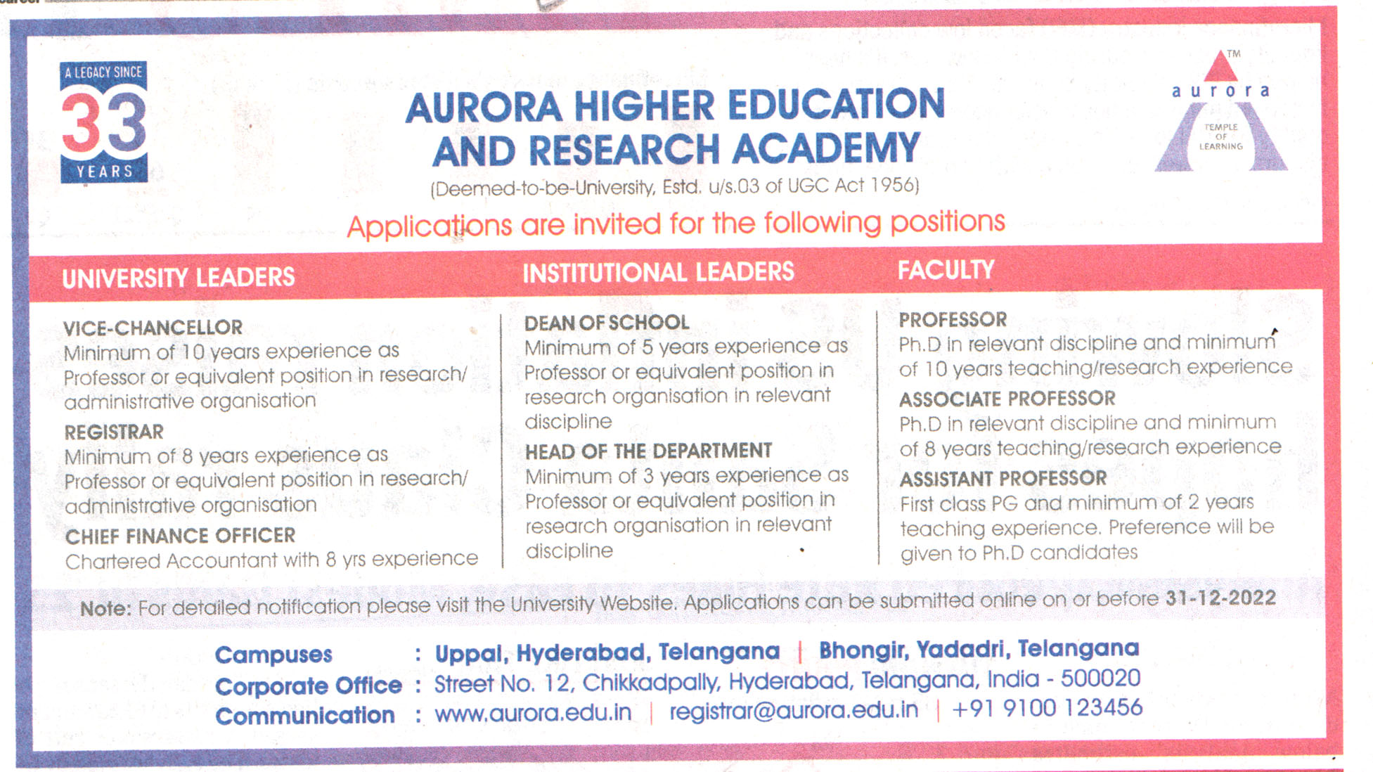 Aurora Higher Education And Research Academy Telangana Recruitment