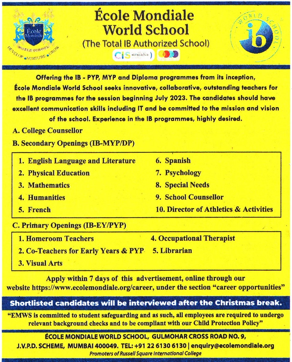 Ecole Mondiale World School Mumbai Recruitment