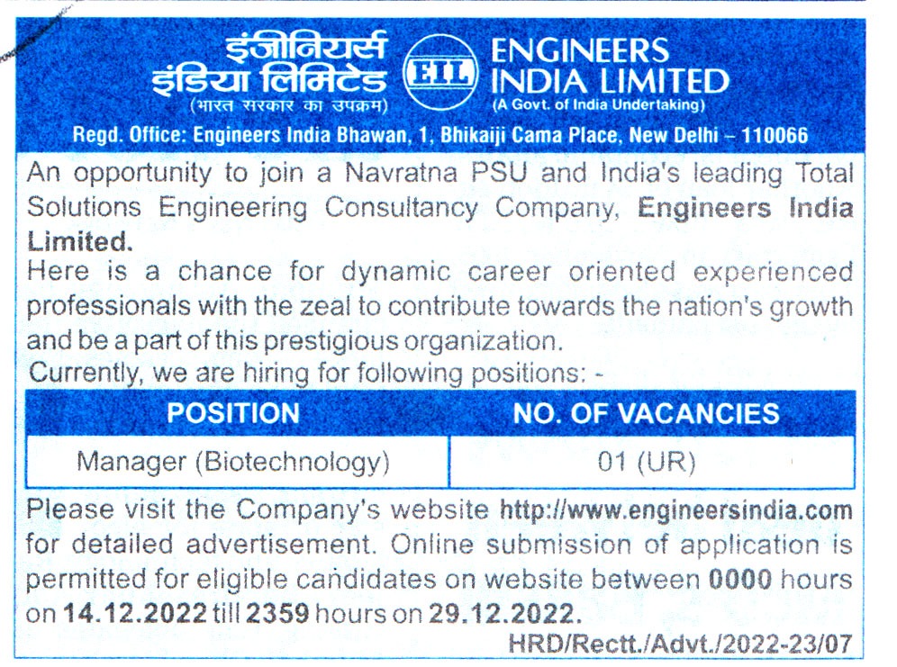 Engineers India Limited (EIL) New Delhi Recruitment
