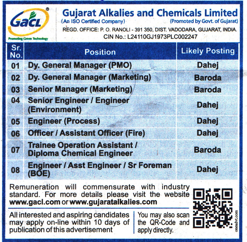 Gujarat Alkalies and Chemicals Limited (GACL) Vadodara Recruitment