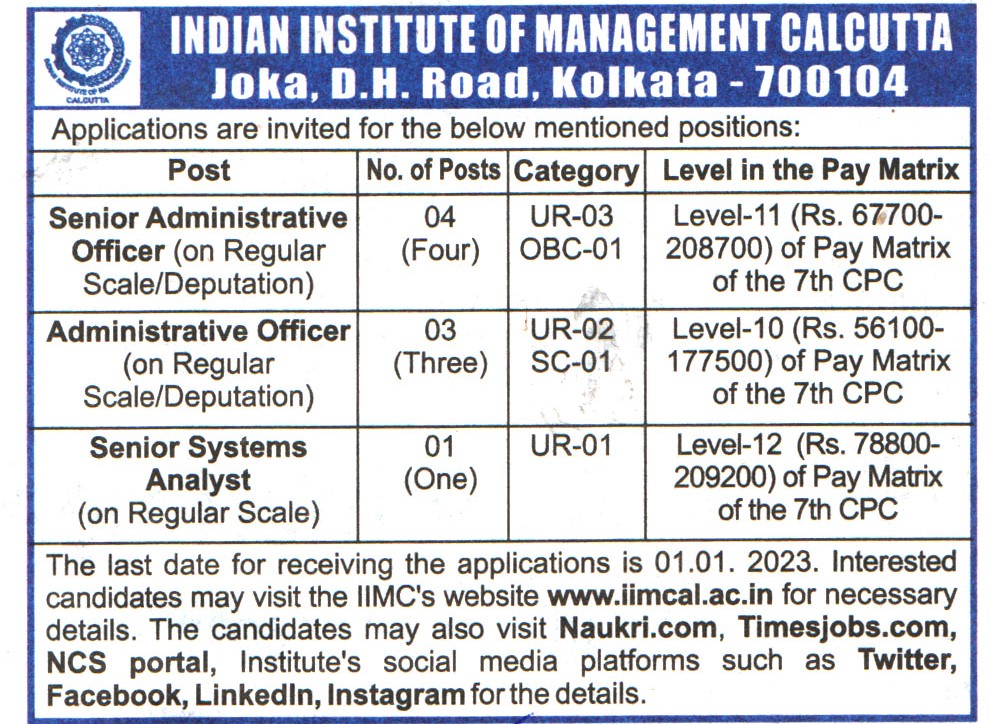 Indian Institute of Management (IIM) Calcutta Recruitment