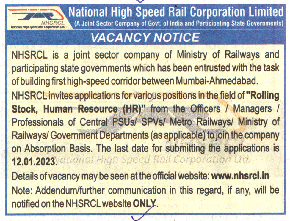 National High Speed Rail Corporation Limited (NHSRCL) Mumbai-Ahmedabad Recruitment