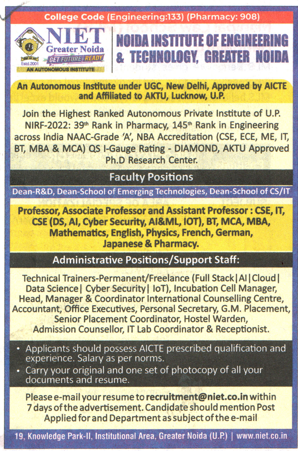 Noida Institute of Engineering & Technology (NIET) Greater Noida Recruitment