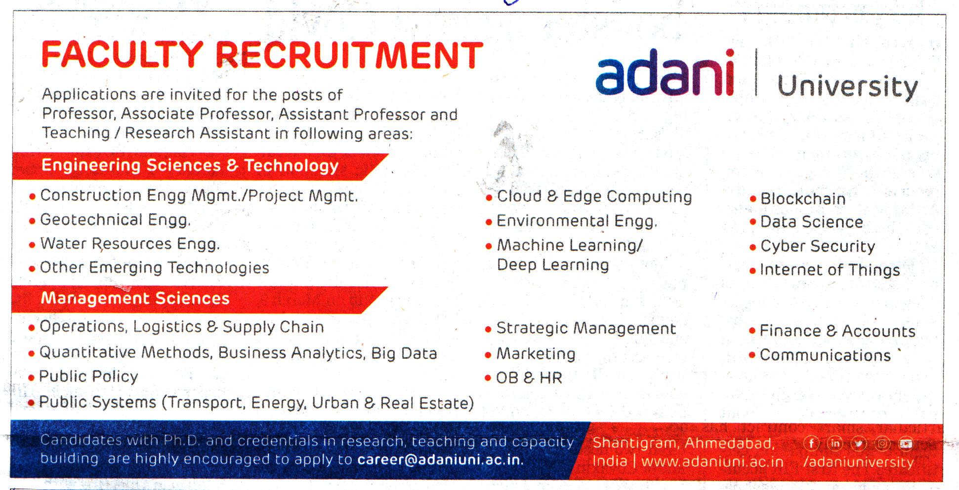 College Jobs Adani University Ahmedabad Recruitment 2023
