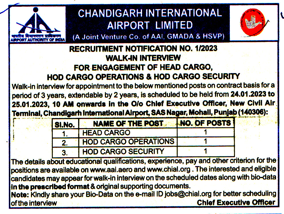 Government Jobs Chandigarh International Airport (Chial) Punjab Recruitment 2023