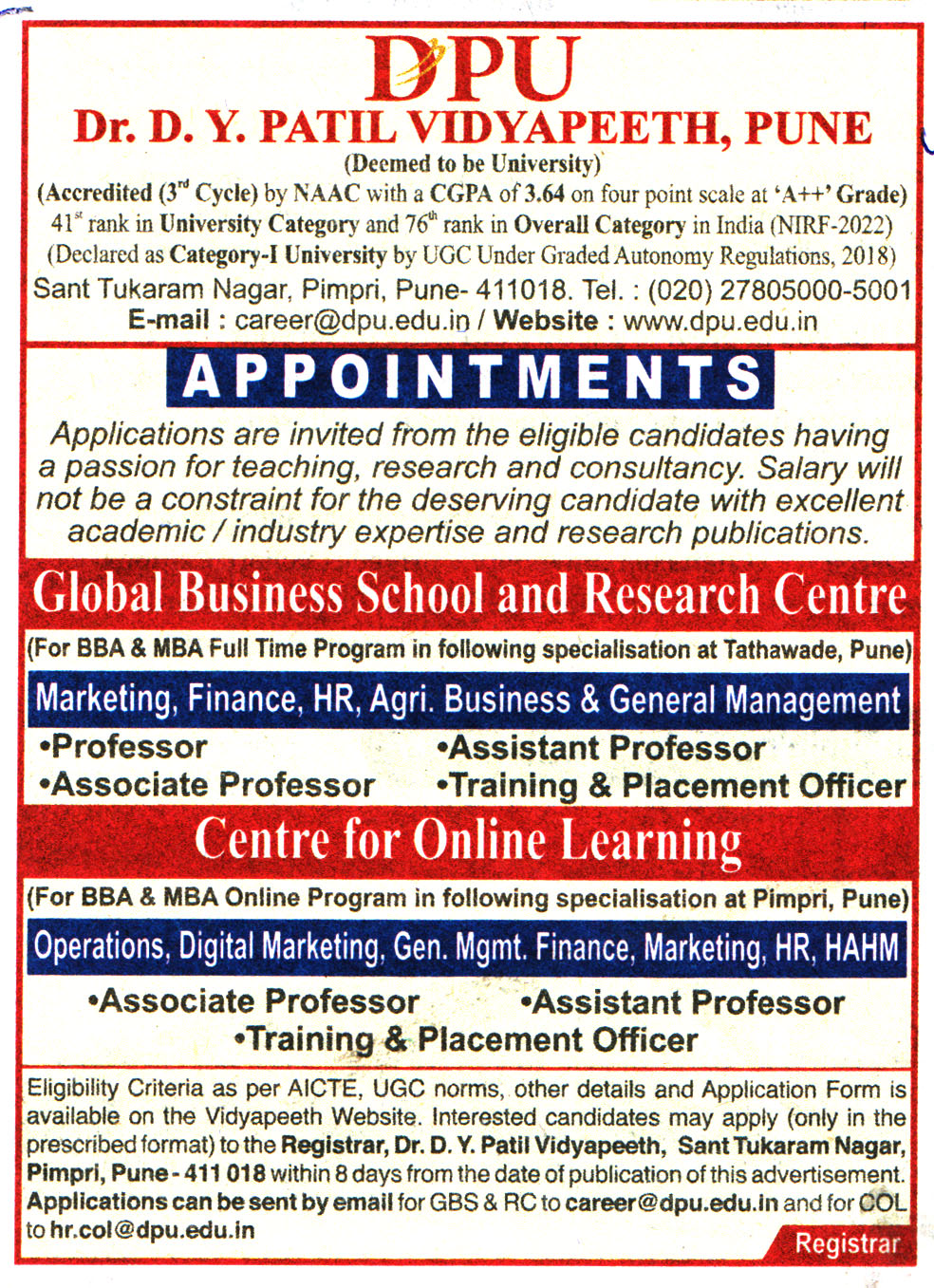 College Jobs Dr. DY Patil Vidyapeeth (DPU) Pune Recruitment 2023