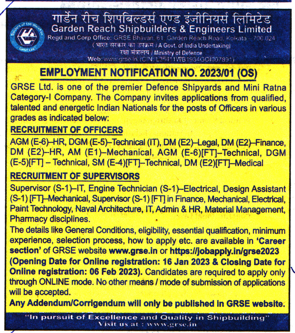 Government Jobs Garden Reach Shipbuilders & Engineers (GRSE) Ltd Kolkata Recruitment 2023