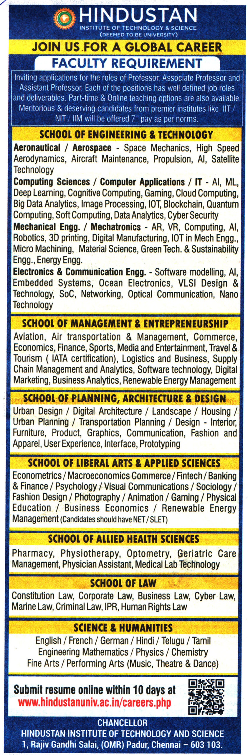 College Jobs Hindustan Institute of Technology & Science (HITS) Chennai Recruitment 2023