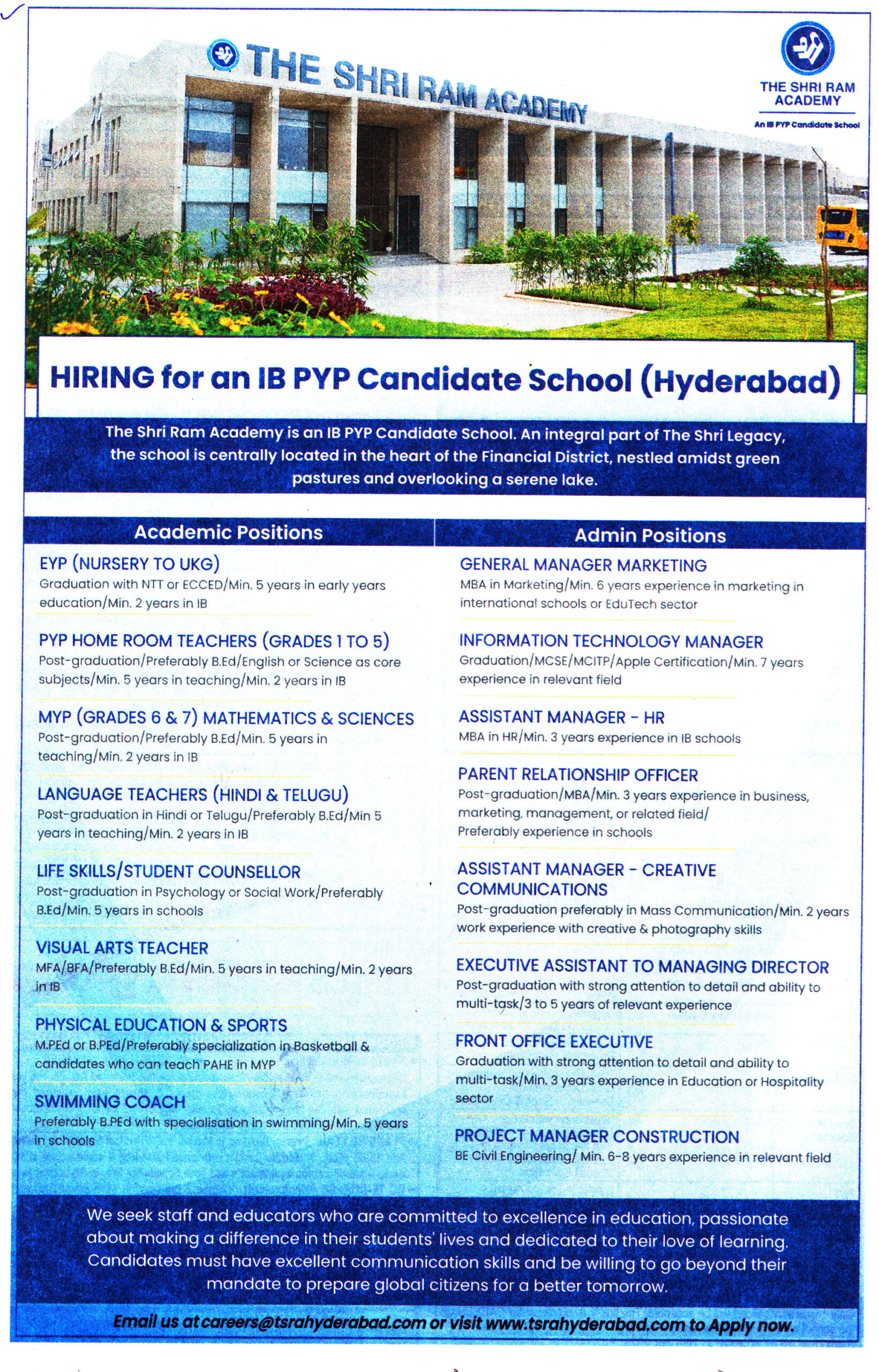 School Jobs The Shri Ram Academy (TSRA) Hyderabad Recruitment 2023
