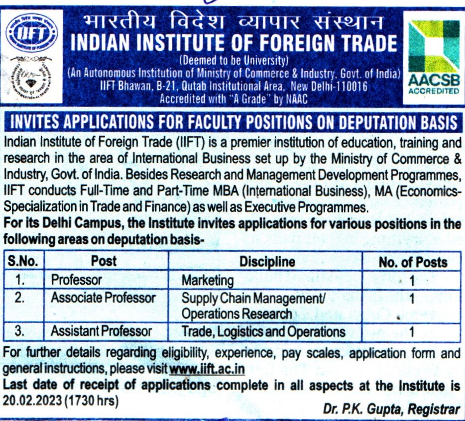 College Jobs Indian Institute of Foreign Trade (IIFT) New Delhi Recruitment 2023