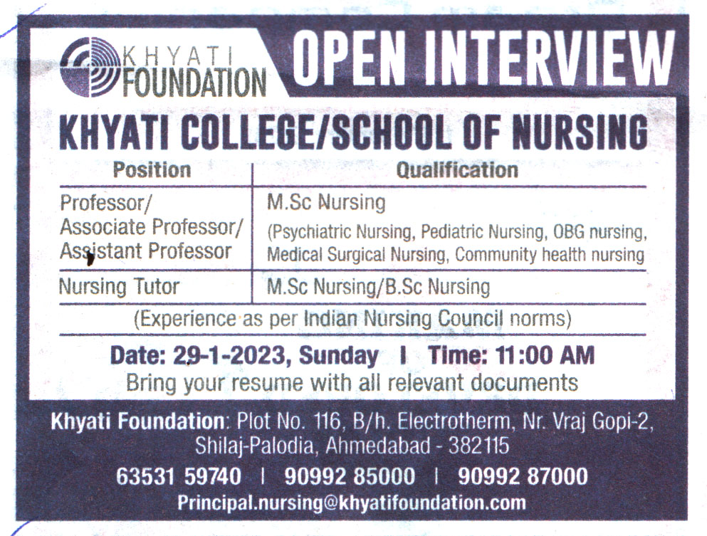 College Jobs Khyati Foundation Ahmedabad Recruitment 2023