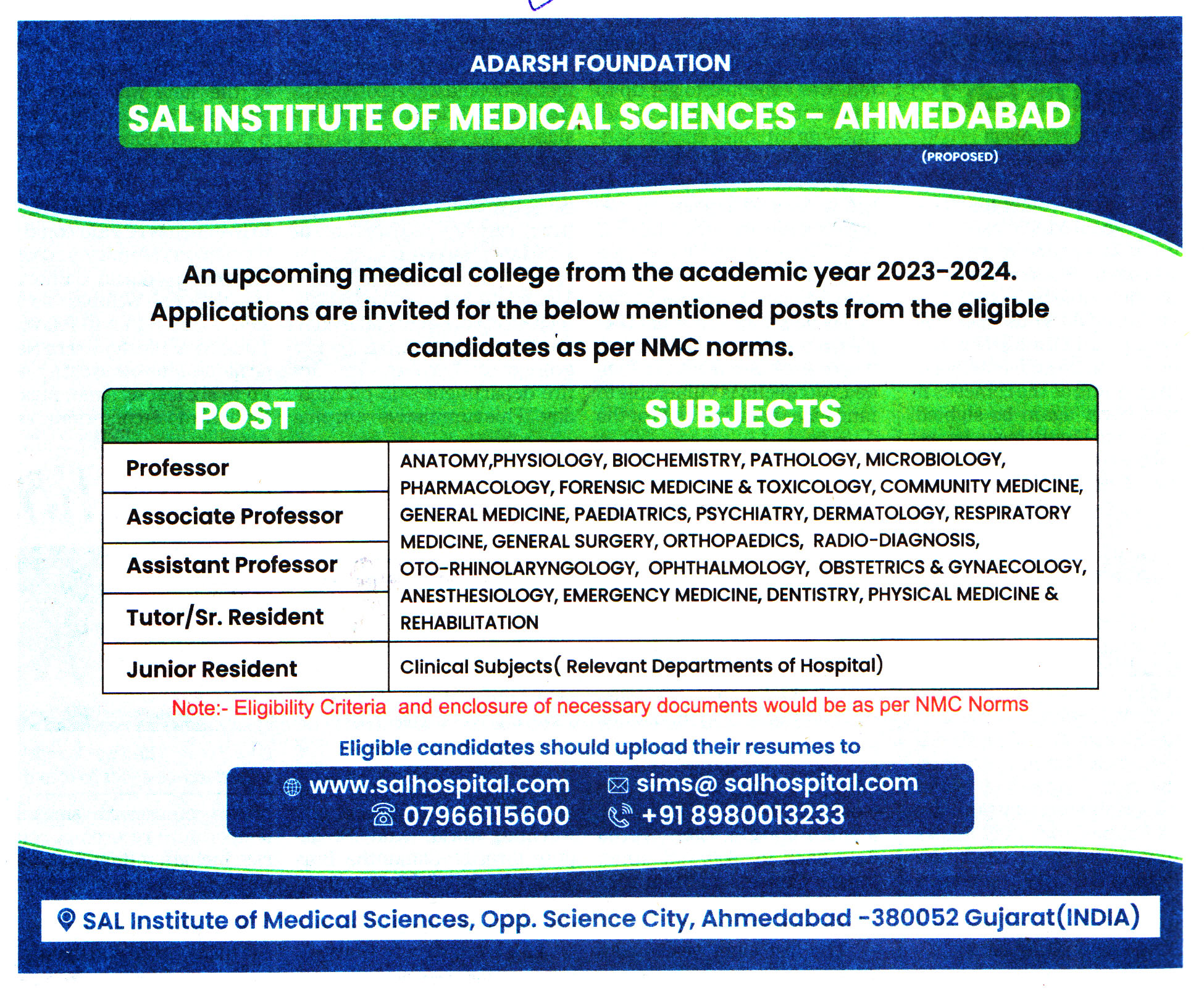 College Jobs Sal Institute of Medical Sciences Ahmedabad Recruitment 2023