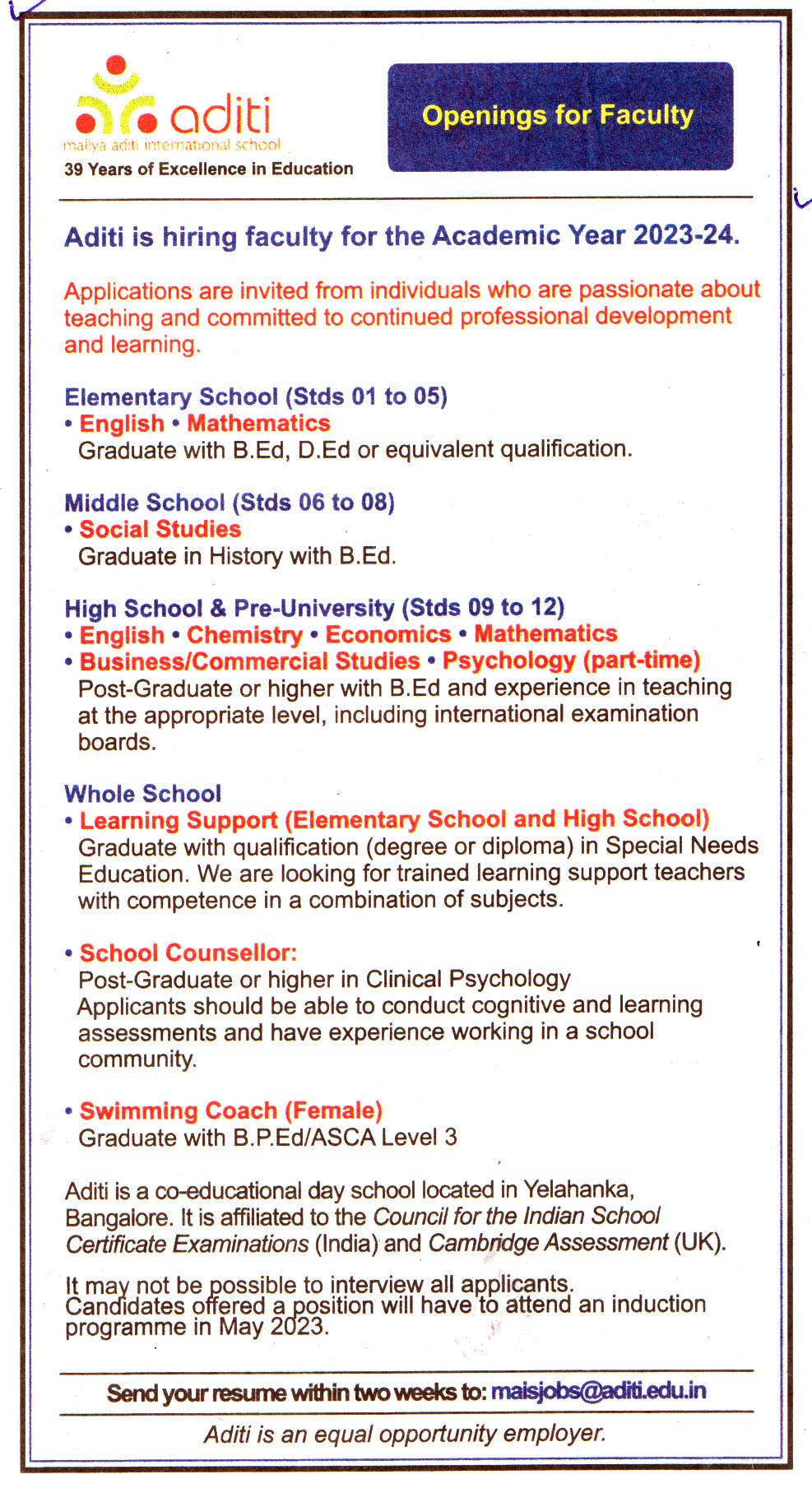 School Jobs Mallya Aditi International School Recruitment