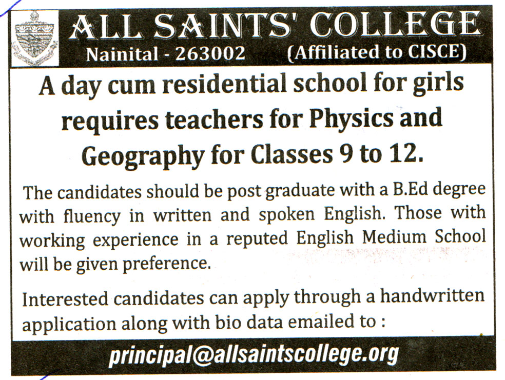 College Jobs All Saints' College Nainital Recruitment