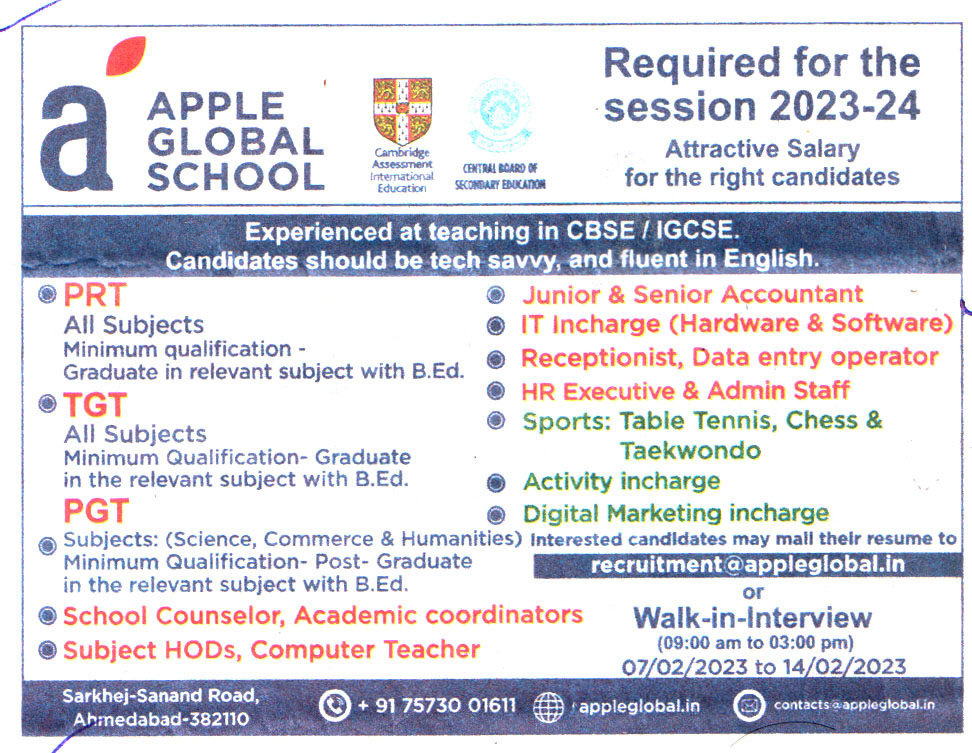 School Jobs Apple Global School Ahmedabad Recruitment 2023