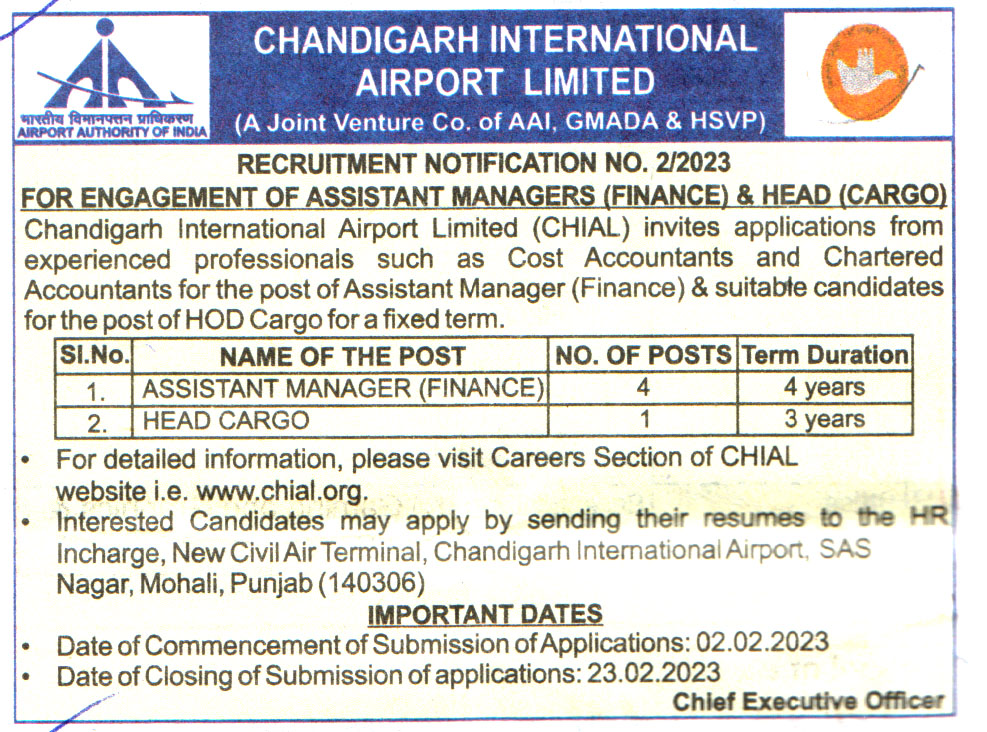 Government Jobs Chandigarh International Airport Limited (CHIAL) Recruitment
