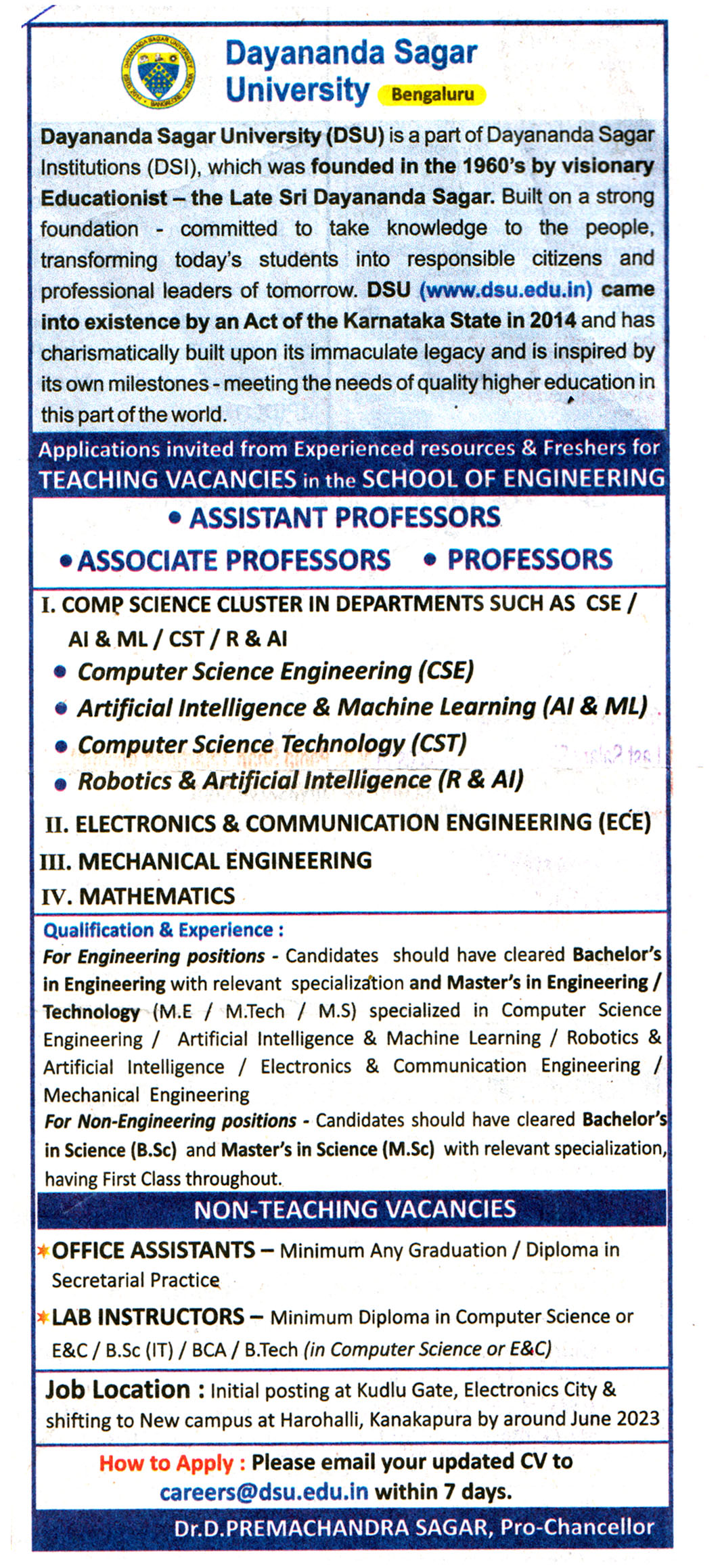 College Jobs Dayananda Sagar University (DSU) Bengaluru Recruitment
