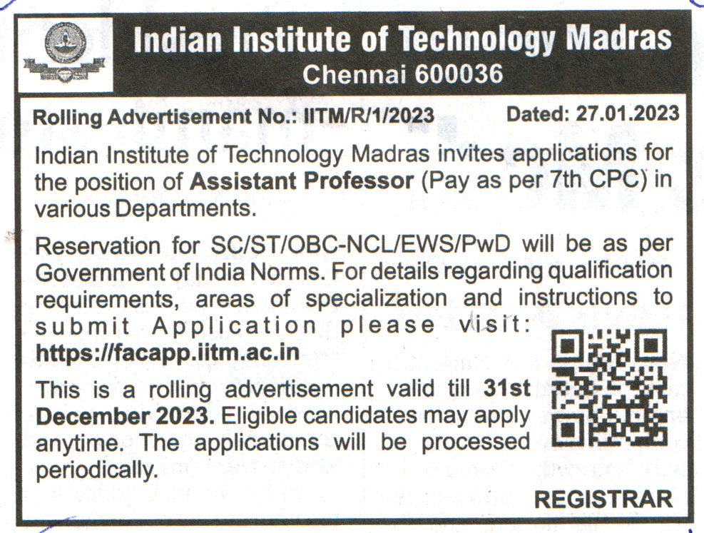College Jobs Indian Institute of Technology (IIT) Madras Recruitment 2023