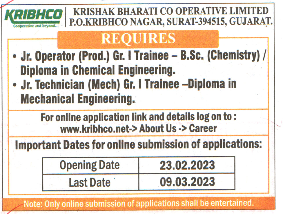 Government Jobs Krishak Bharati Co Operative Limited (KRIBHCO) Surat Recruitment