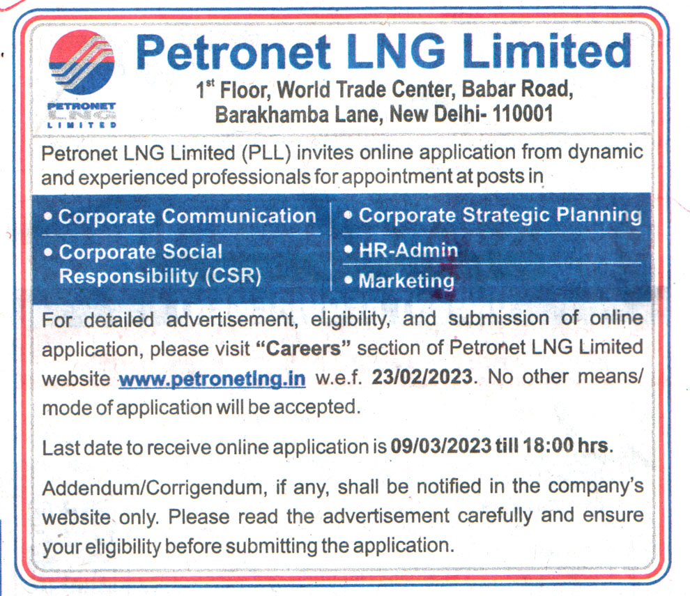 Government Jobs Petronet LNG Limited (PLL) New Delhi Recruitment