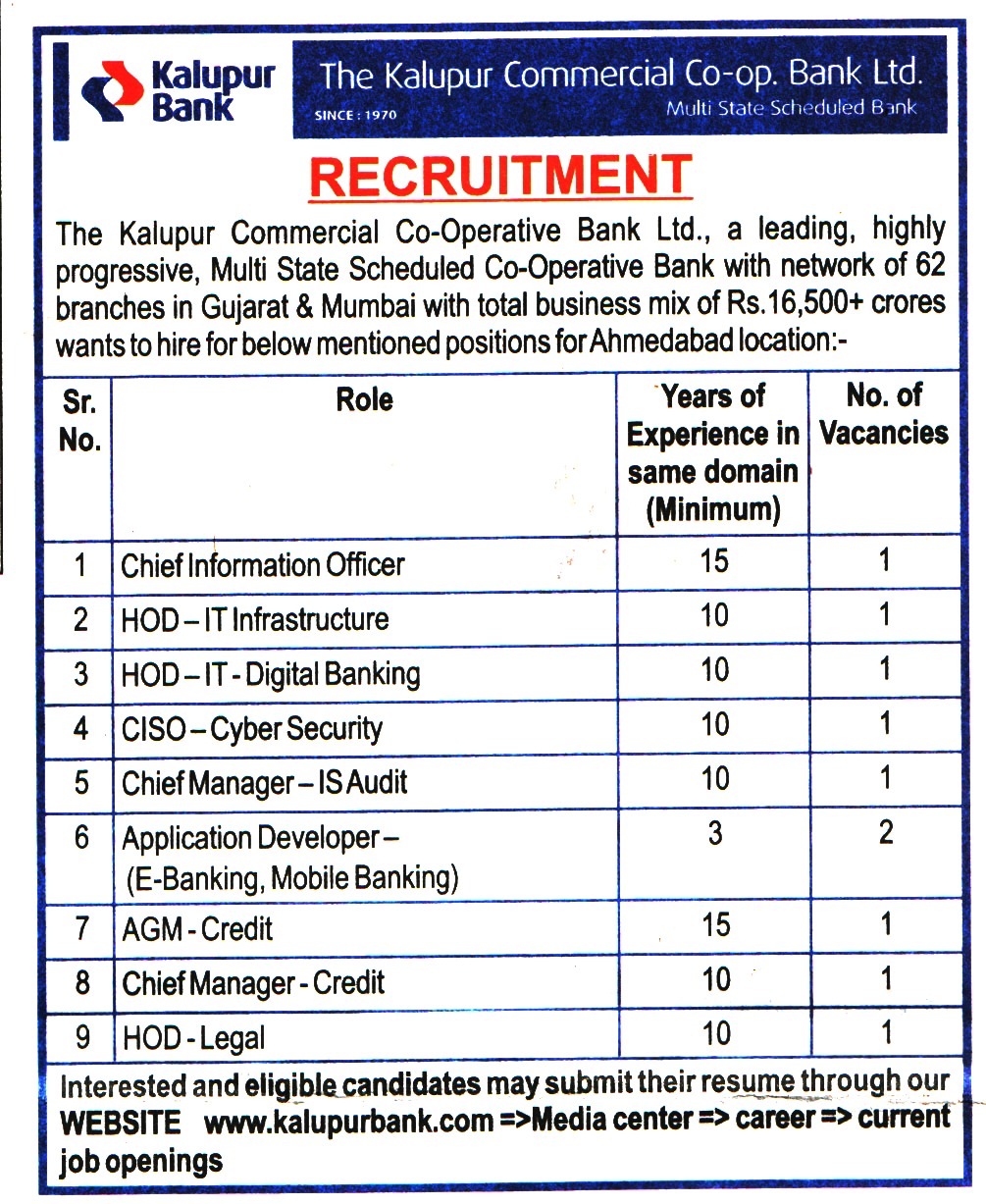 Bank Jobs The Kalupur Commercial Co-Op Bank Ltd Ahmedabad Recruitment