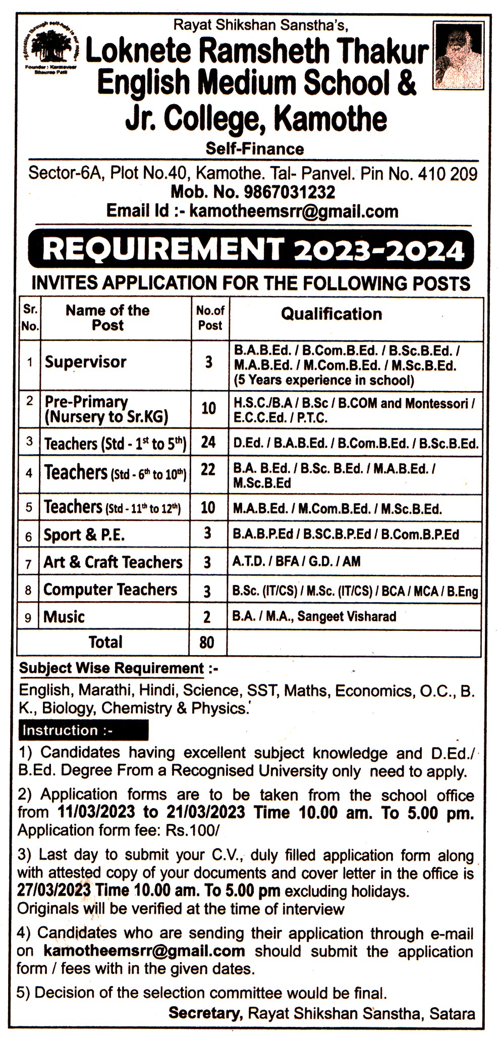 School Jobs Loknete Ramsheth Thakur English Medium School & J.r College Kamothe Recruitment