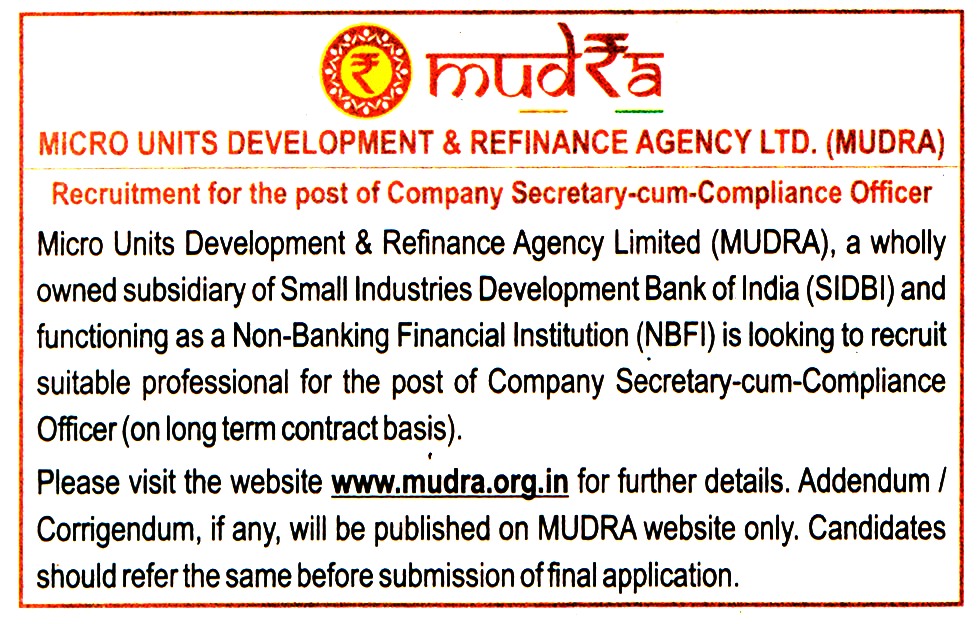 Government Jobs Micro Units Development & Refinance Agency Ltd. (MUDRA) Recruitment