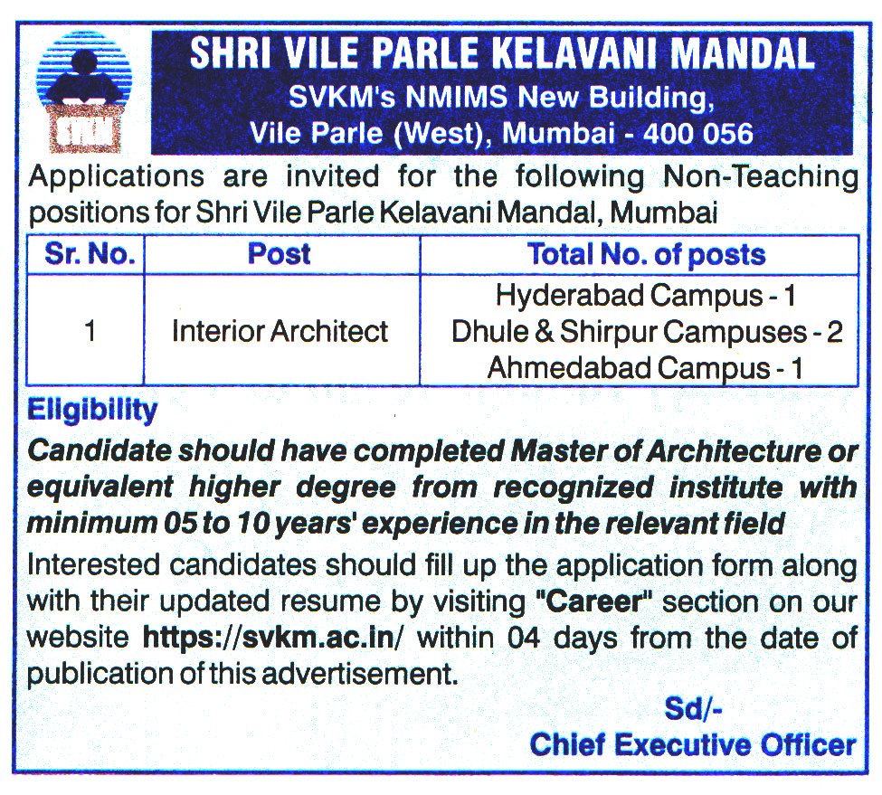 School Jobs Shri Vile Parle Kelavani Mandal (SVKM) Mumbai Recruitment