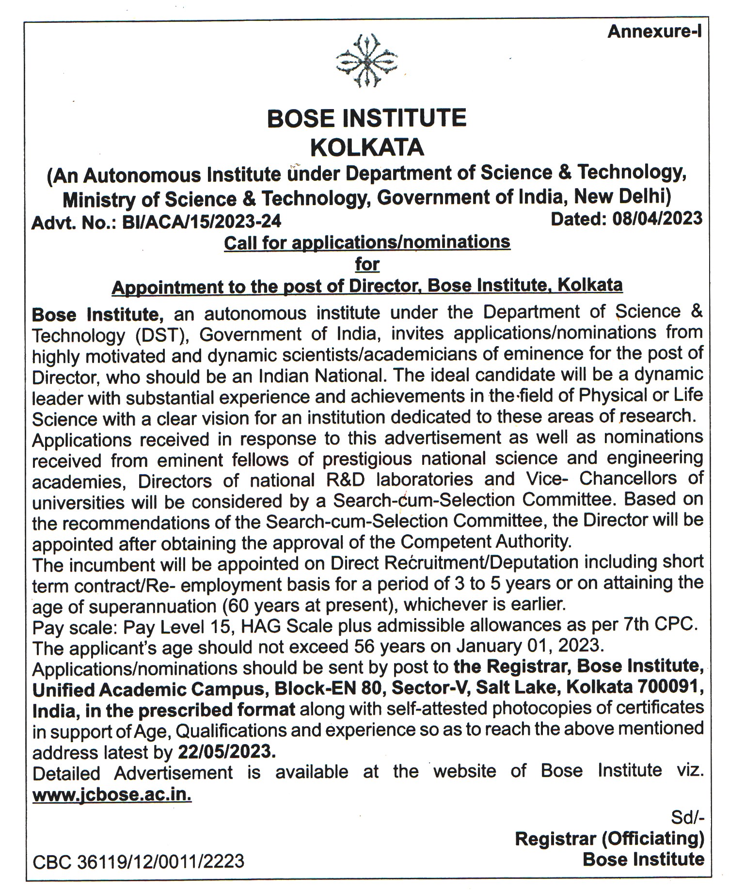 Government Jobs Bose Institute Kolkata Recruitment