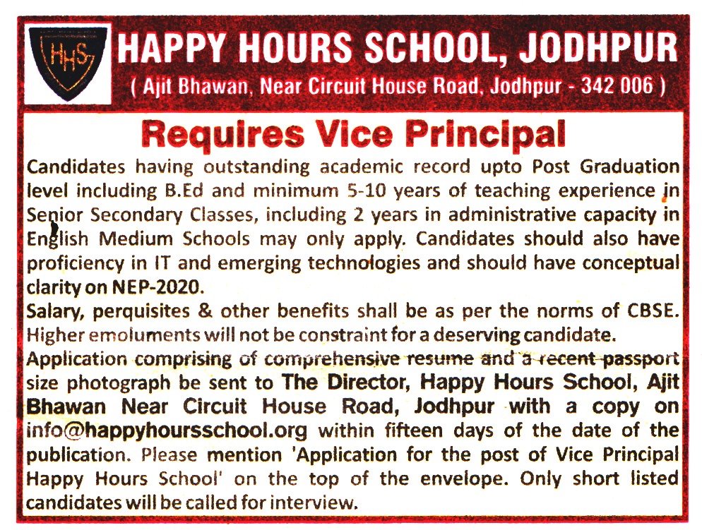 School Jobs Happy Hours School Jodhpur Recruitment
