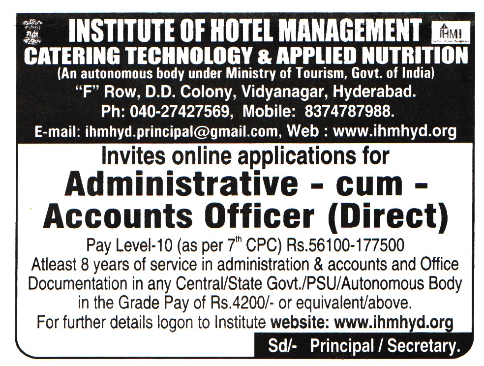 School Jobs Institute of Hotel Management Catering Technology & Applied Nutrition (IHM) Hyderabad Recruitment