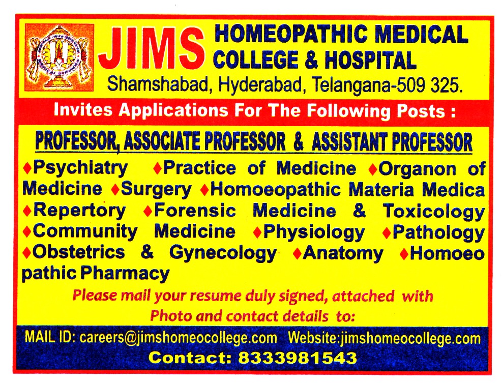 College Jobs JIMS Homeopathic Medical College Telangana Recruitment