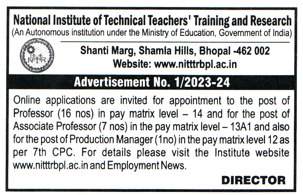 College Jobs National Institute of Technical Teachers Training And Research (NITTTR) Bhopal Recruitment