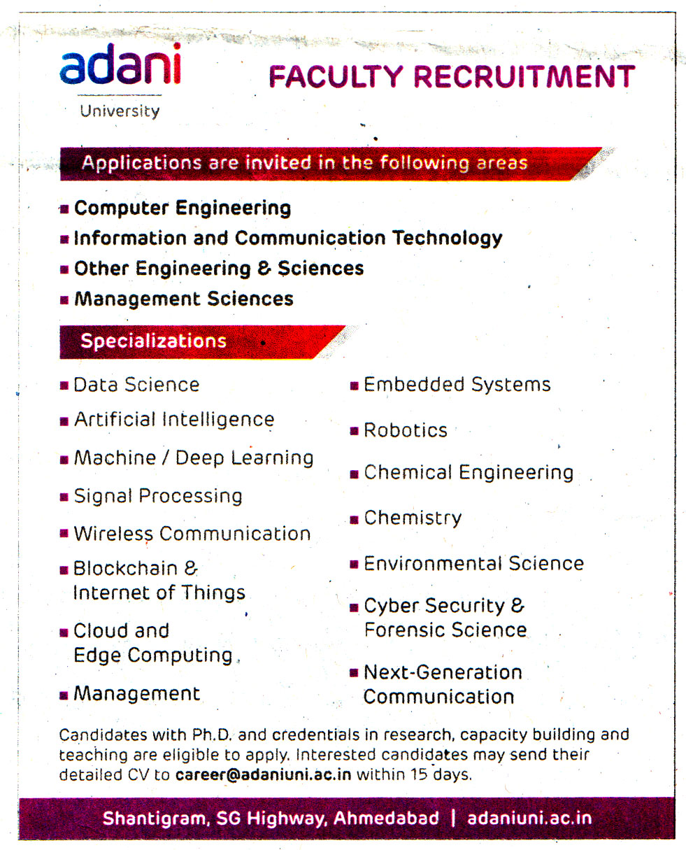 College Jobs Adani University Ahmedabad Recruitment
