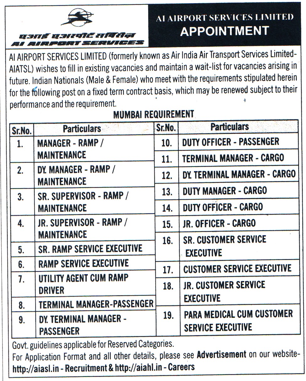 Government Jobs AI Airport Services Limited Mumbai Recruitment