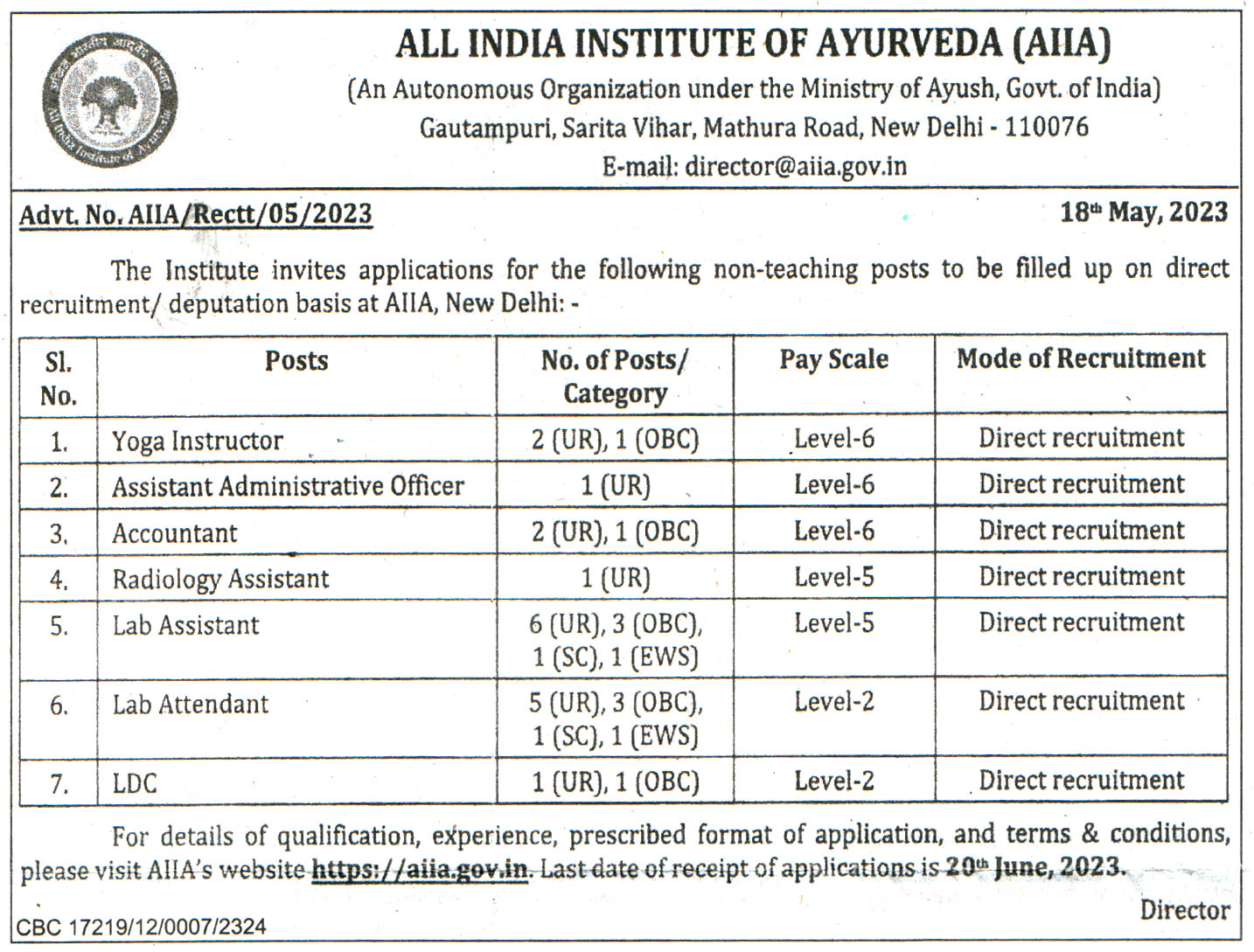 College Jobs All India Institute of Ayurveda (AIIA) New Delhi Recruitment