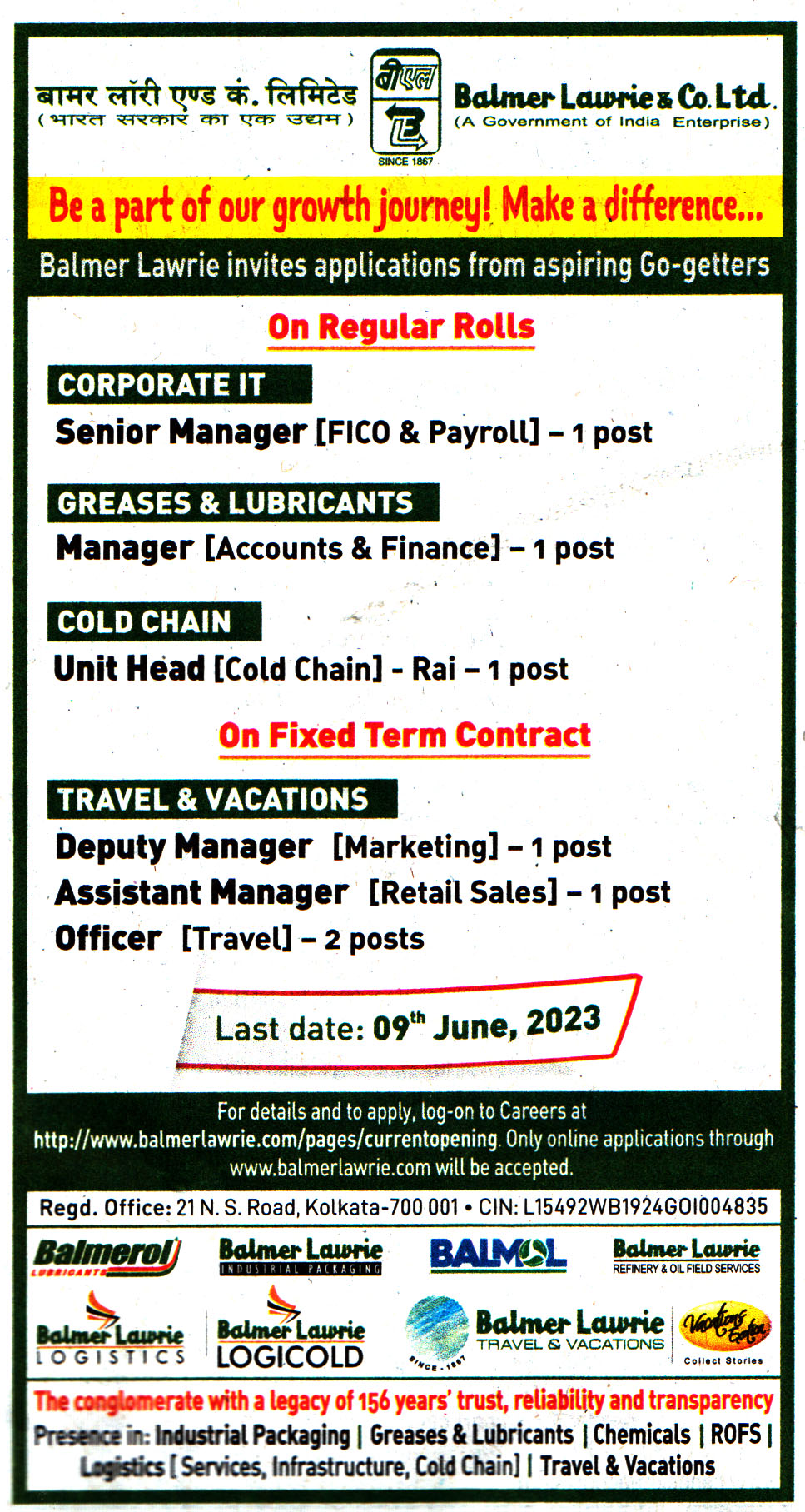 Government Jobs Balmer Lawrie Kolkata Recruitment