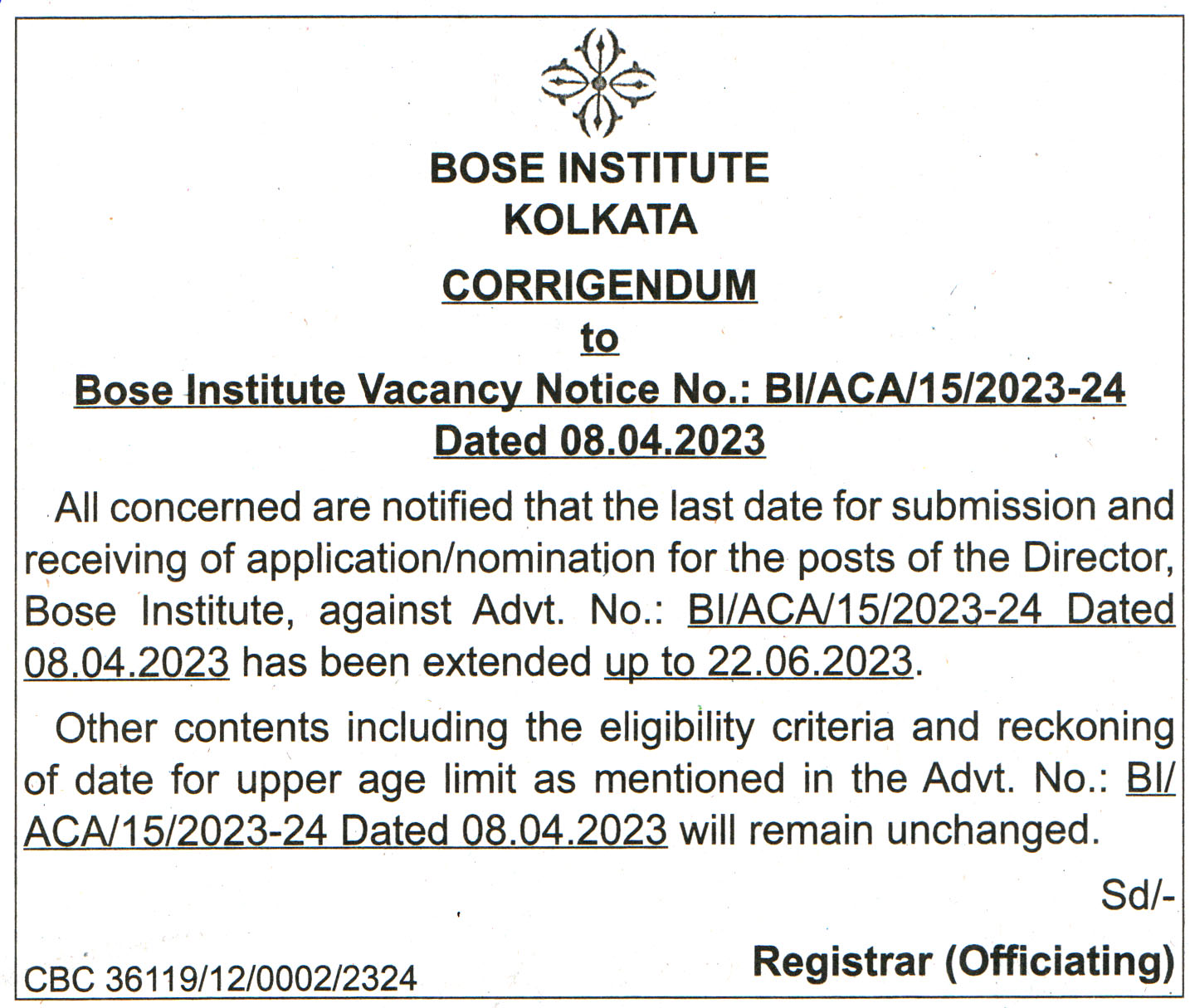 College Jobs Bose Institute Kolkata Recruitment