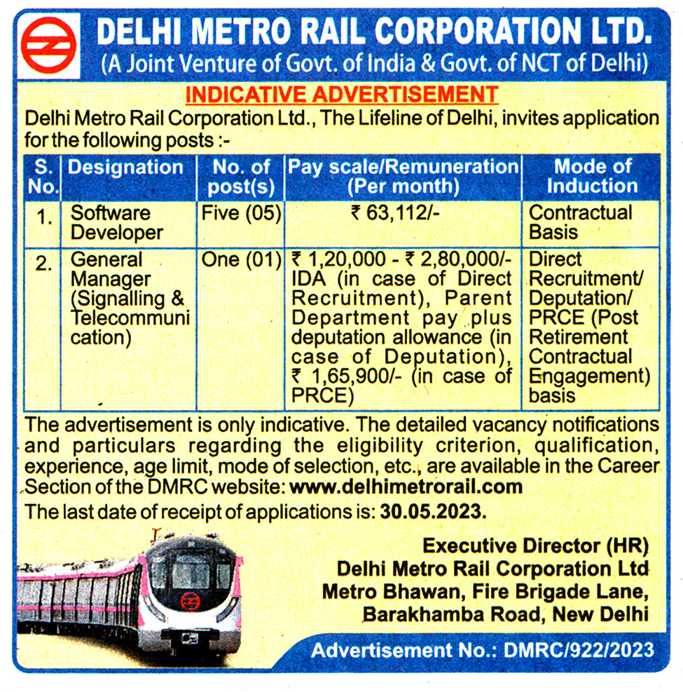 Government Jobs Delhi Metro Rail Corporation (DMRC) Delhi Recruitment