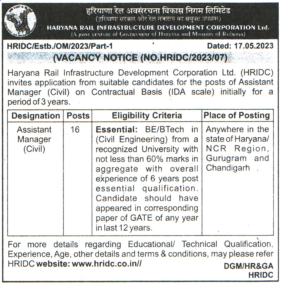 Government Jobs Haryana Rail Infrastructure Development Corporation (HRIDC) Haryana Recruitment