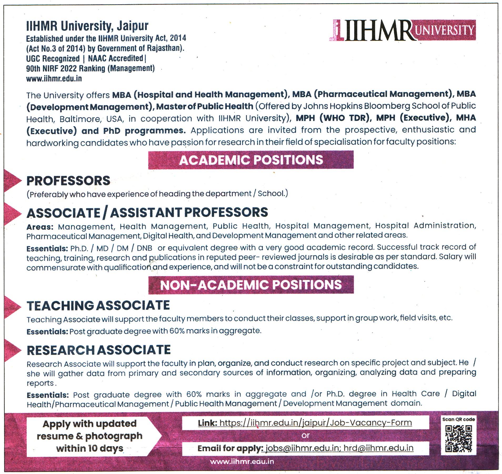 College Jobs IIHMR University Jaipur Recruitment