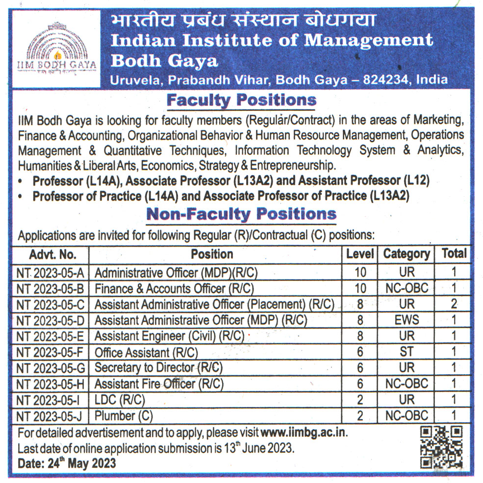 College Jobs Indian Institute of Management (IIM) Bodh Gaya Recruitment