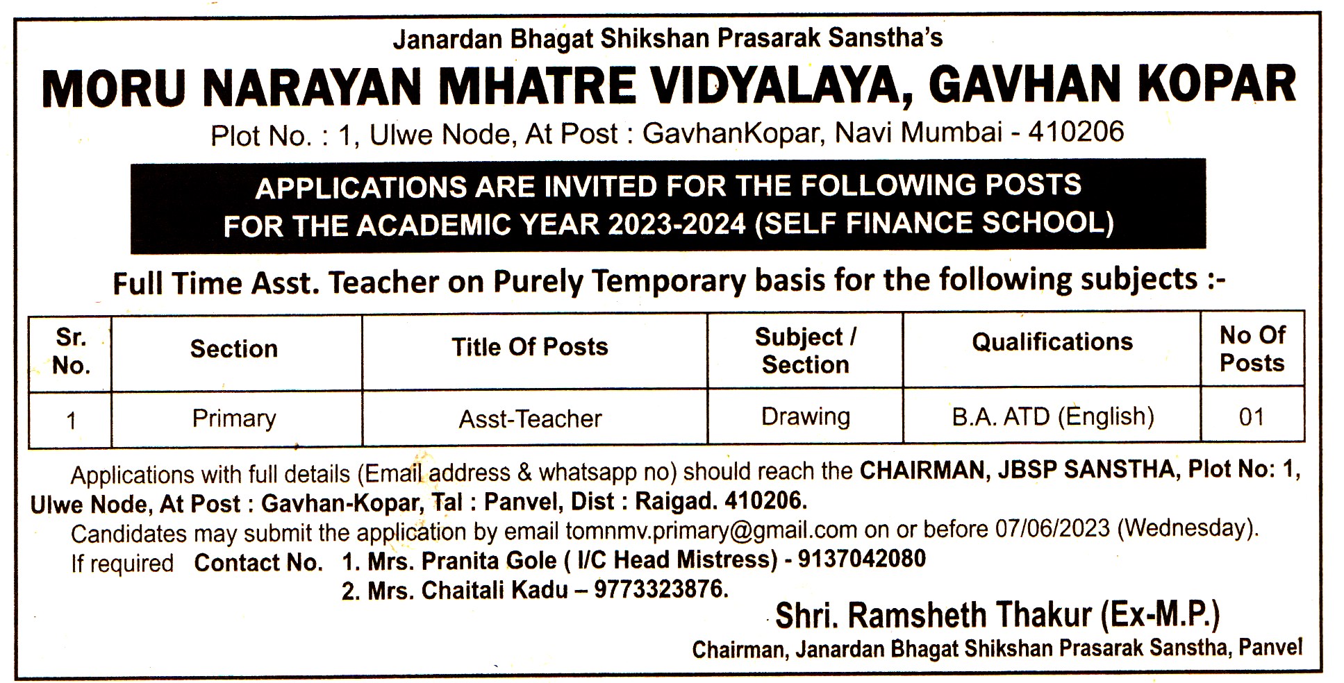 School Jobs Moru Narayan Mhatre Vidyalaya Gavhan Kopar Navi Mumbai Recruitment
