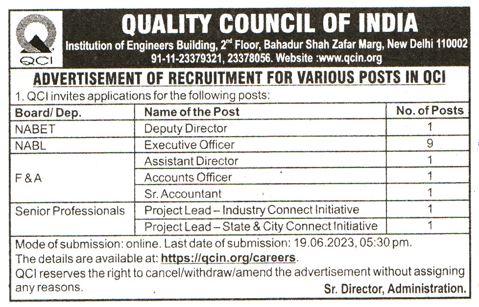 Government Jobs Quality Council of India (QCI) New Delhi Recruitment