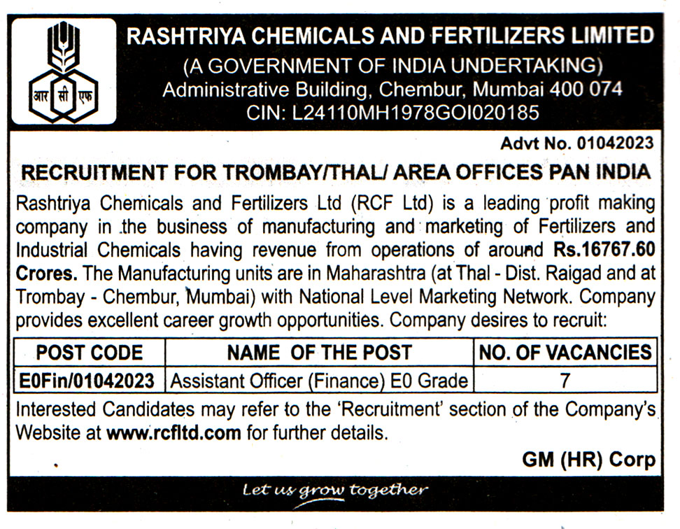 Government Jobs Rashtriya Chemicals and Fertilizers Limited (RCF) Mumbai Recruitment