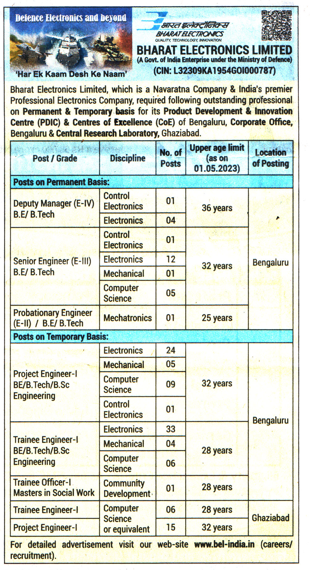 Government Jobs Bharat Electronics Limited (BEL) Bangalore Recruitment
