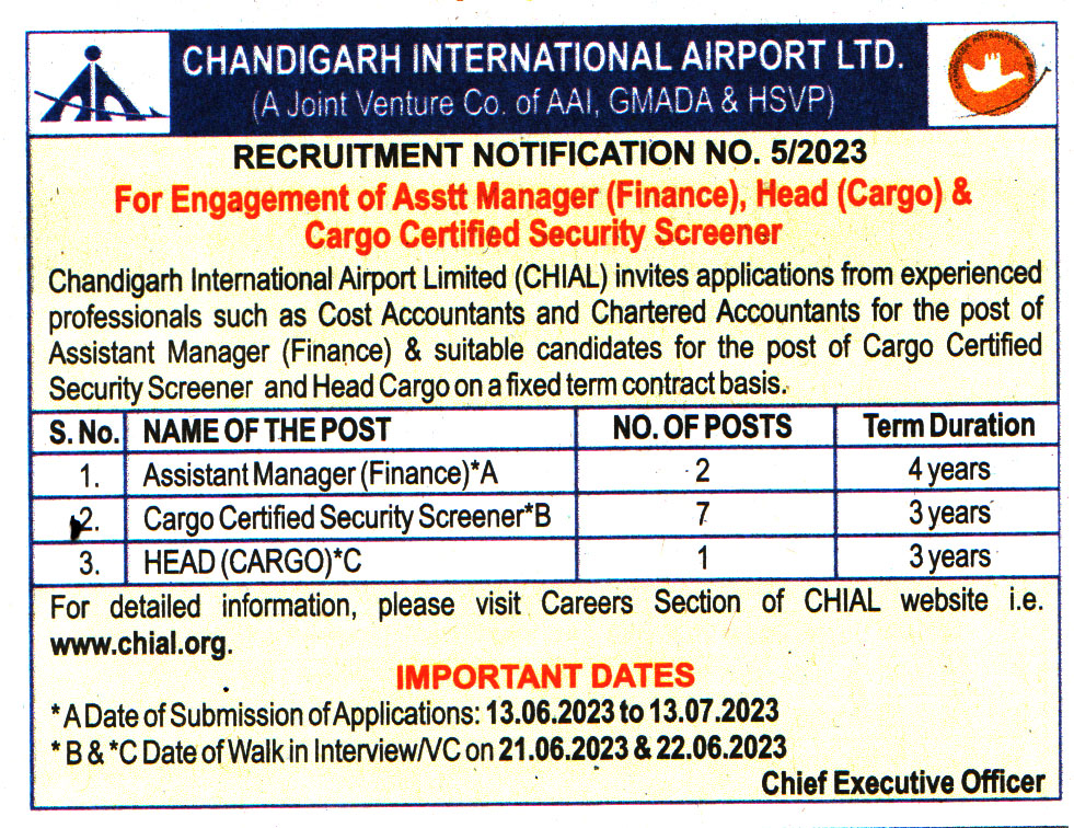 Government Jobs Chandigarh International Airport Limited (CHIAL) Chandigarh Recruitment