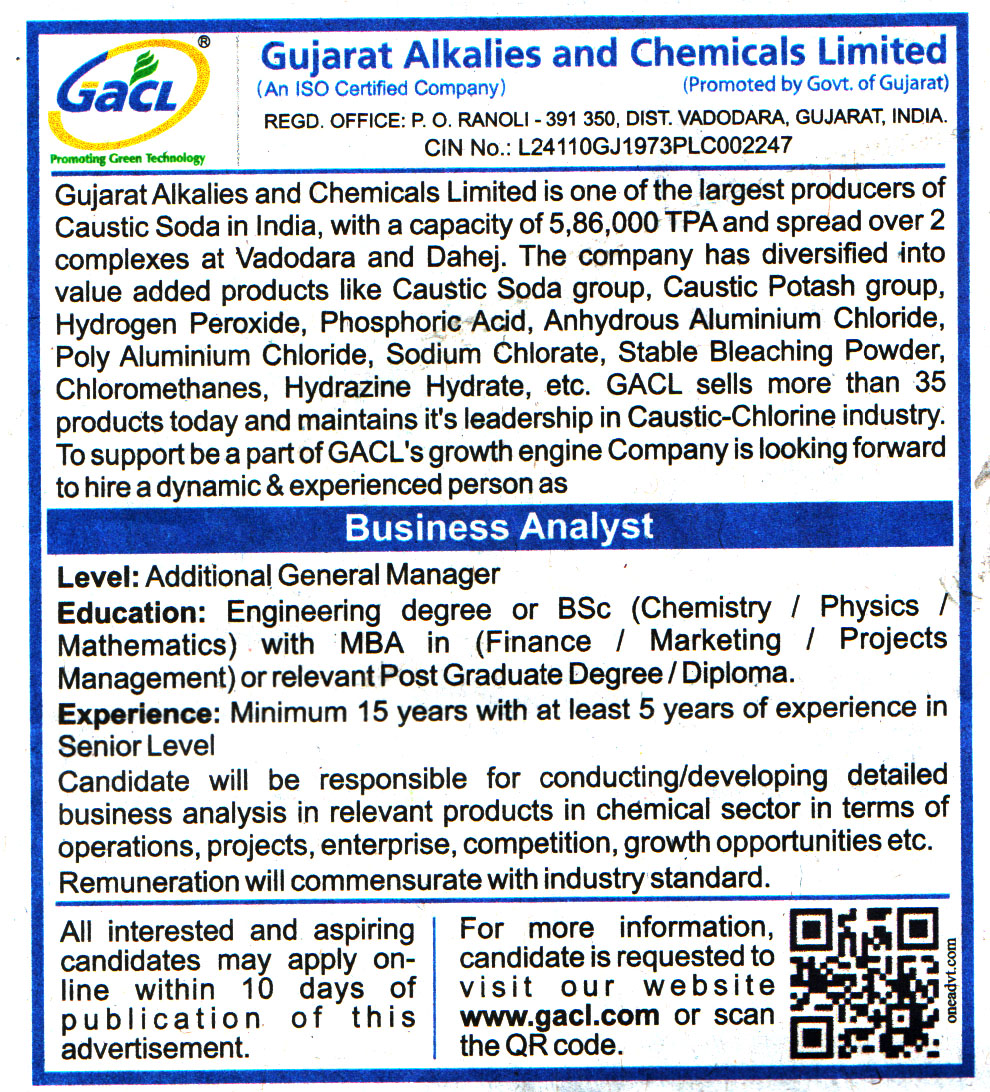 Government Jobs Gujarat Alkalies and Chemicals Limited (GACL) Vadodara Recruitment